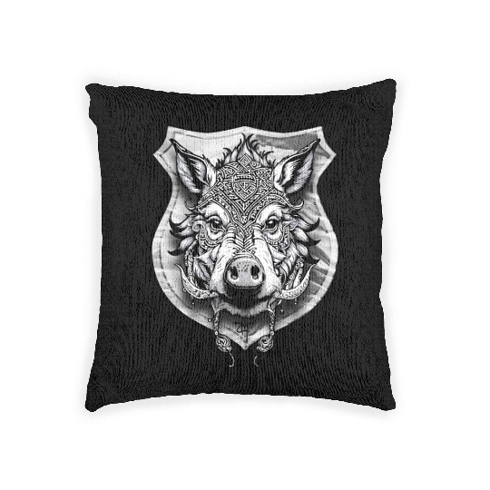 shield with wild boar head - DIGITAL - grayscale Woven Pillows