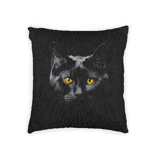 Black Cat Face Yellow Eyes Cat Halloween Costume B Woven Pillows