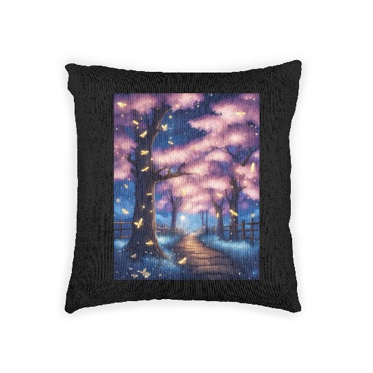 Fireflies In Cherry Blossom Trees Woven Pillows
