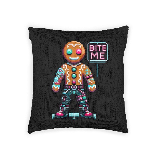 Cyberpunk Gingerbread Man Neon 'Bite Me' Christmas Woven Pillows