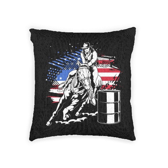 Retro American Flag Cowgirl Horse Barrel Racing Woven Pillows