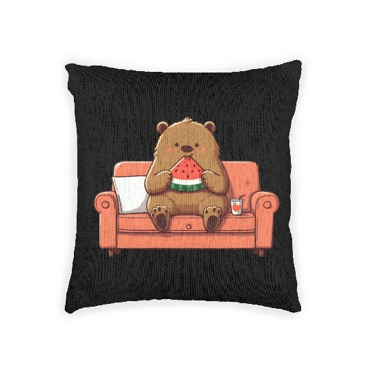 Cosy bear enjoying watermelon Woven Pillows