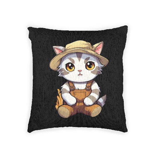 Kawaii Cat Farmer Agriculturist Farming Cute Anime Woven Pillows