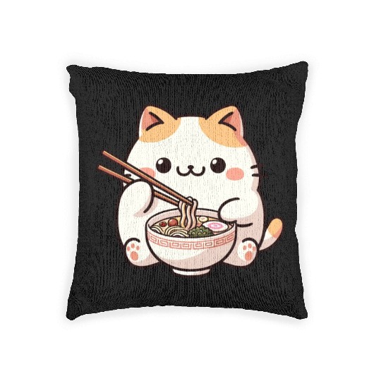 Neko Cat Eating Ramen Noodles Anime Woven Pillows