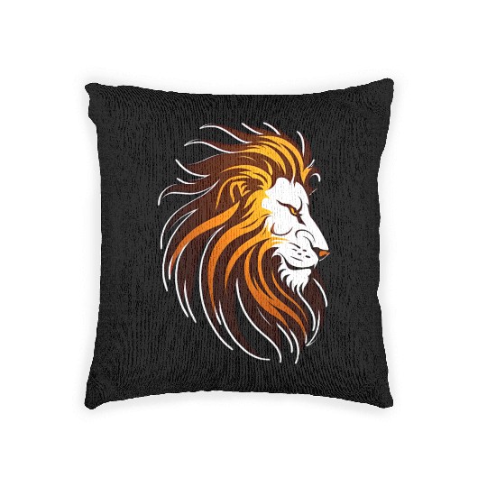 the lion in orange in the style of dark amber Woven Pillows