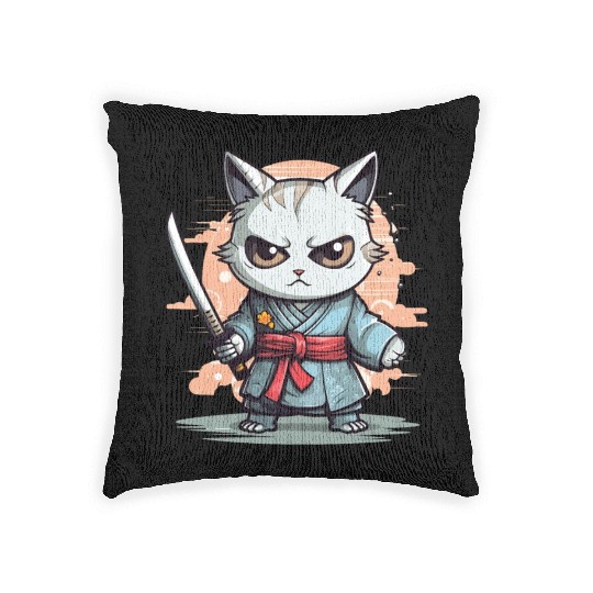 Cute Samurai Cat Kawaii Japanese Ronin Aesthetic A Woven Pillows