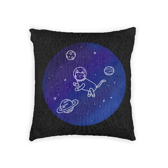 Doodle-Style Hand Drawn Space Cat Woven Pillows