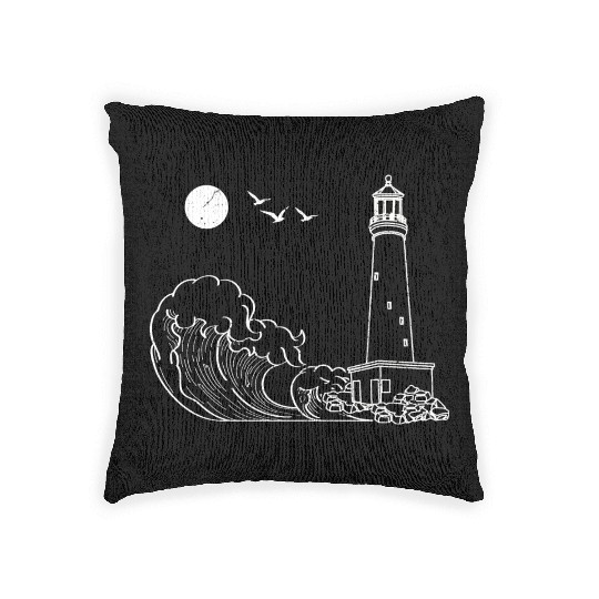 sea waves seagulls gift full moon lighthouse Woven Pillows