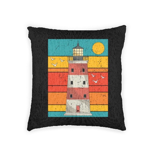 Retro full moon sea gift lighthouse Woven Pillows