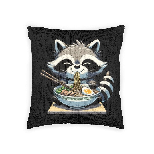 Cute Raccoon Eats Ramen Noodles Raccoon Ramen Woven Pillows