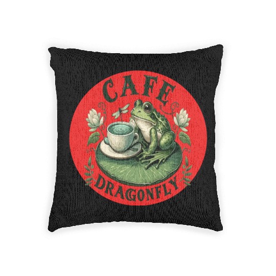 Cafe Dragonfly: Whimsical Serene Frog on Lily Pad Woven Pillows