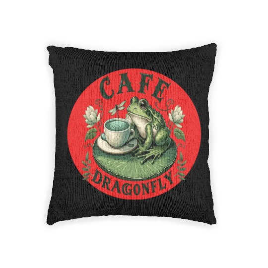 Cafe Dragonfly: Whimsical Serene Frog on Lily Pad Woven Pillows