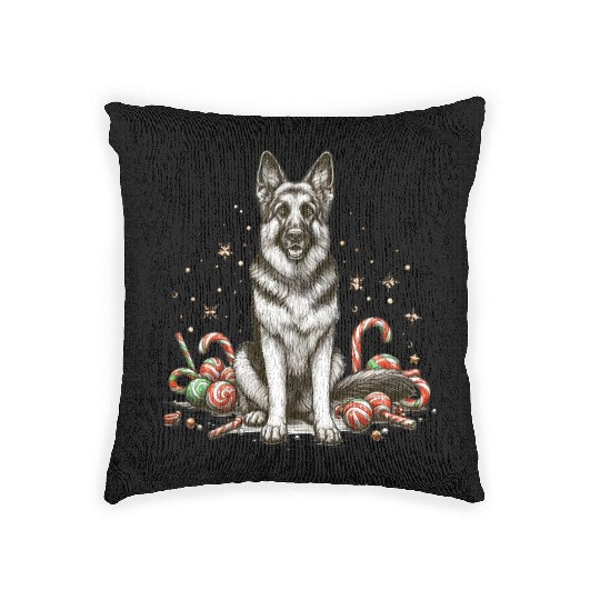 Festive German Shepherd Dog with Candy Decor Woven Pillows