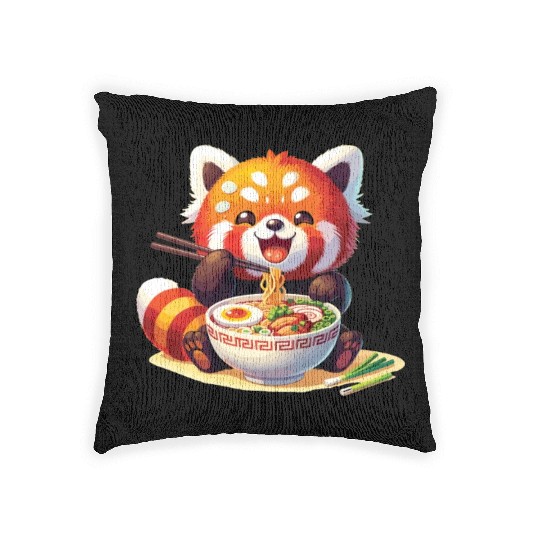 Cute Red Panda Eats Ramen Noodles Red Panda Woven Pillows