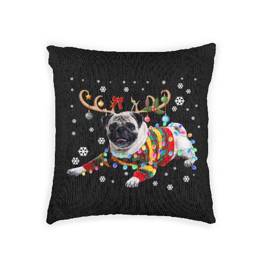Funny Pug Dog Christmas Reindeer Christmas Lights Woven Pillows