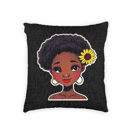 Black girl with sunflower Woven Pillows