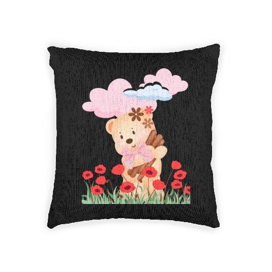 teddy bear and flowers Woven Pillows