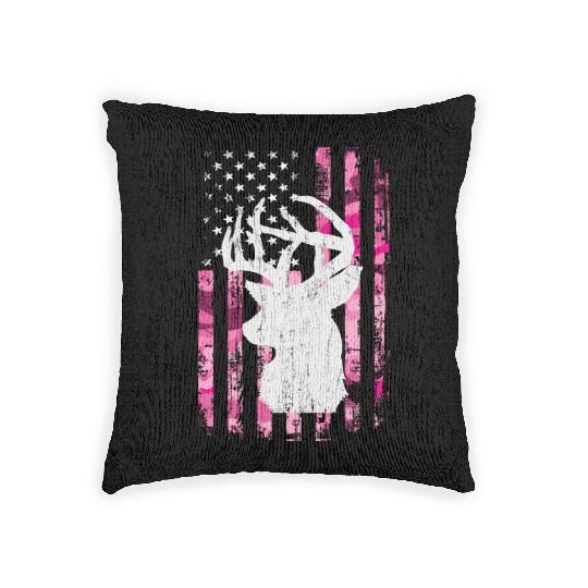 Deer Hunting Camo Pink Camouflage American Flag Woven Pillows