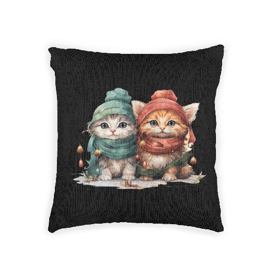 Sweet and playful Christmas kittens wearing hats Woven Pillows