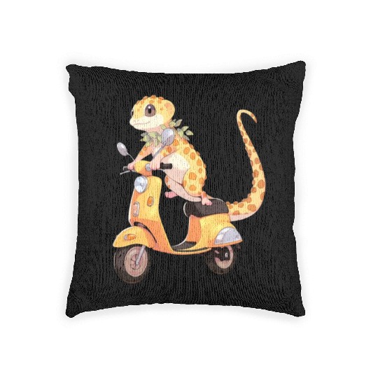 Leopard Gecko on Scooter Funny Lizard Biker Moped Woven Pillows