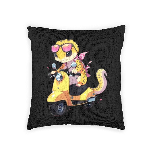 Leopard Gecko on Scooter Funny Lizard Biker Moped Woven Pillows
