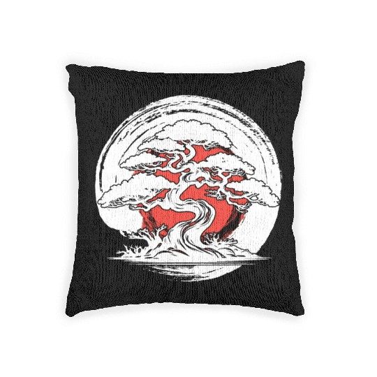 Bonsai Tree In Japanese Zen Buddhist Enso Circle T Woven Pillows
