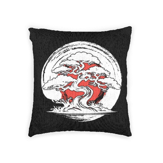 Bonsai Tree In Japanese Zen Buddhist Enso Circle T Woven Pillows