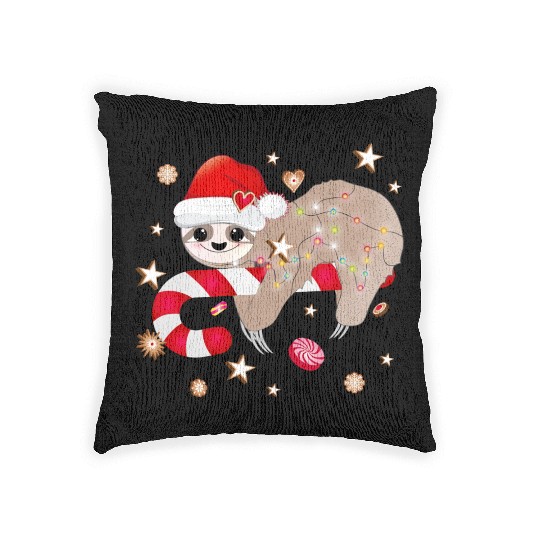 funny sloth with candy cane for Christmas Woven Pillows