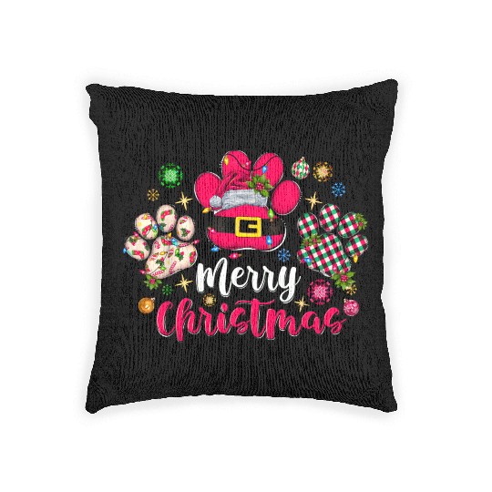 Merry Christmas Dog Paws Lights Buffalo Plaid Xmas Woven Pillows