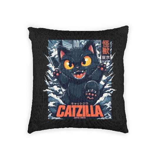 Kaiju Catzilla in Japan Tokyo Woven Pillows