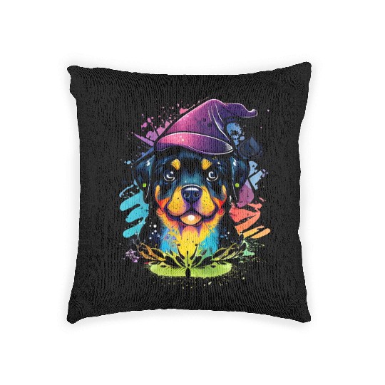 Colorful Kawaii Rottweiler Wizard Woven Pillows