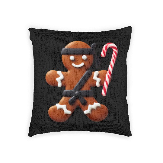 Funny Ninja Gingerbread Man Cookie Candy Cane Woven Pillows