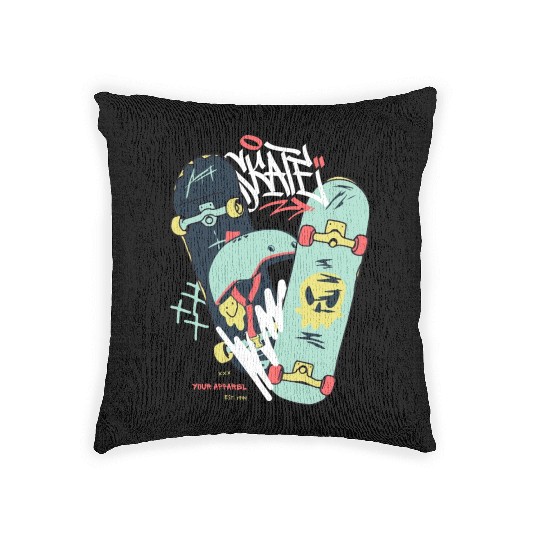 Black Light Green Modern Illustrated Skateboard Woven Pillows