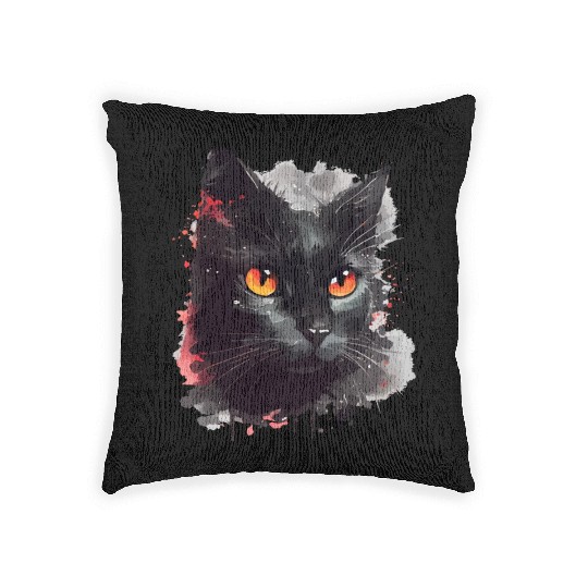 Black Cat Japanese Watercolor Mystery Gaze Woven Pillows