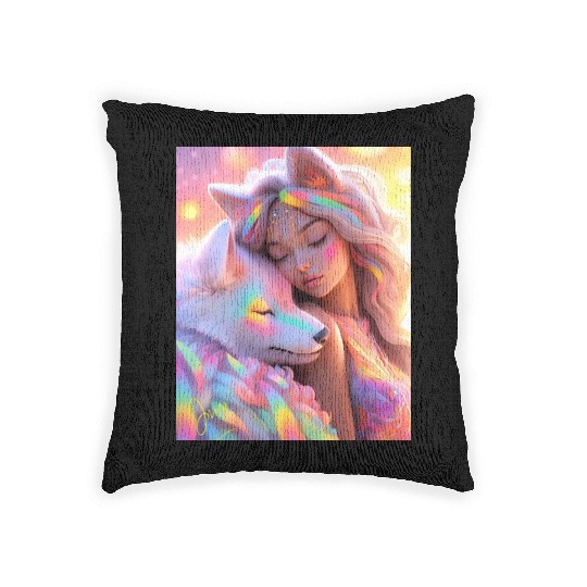 Rainbow Friends - White Wolf and Girl Woven Pillows