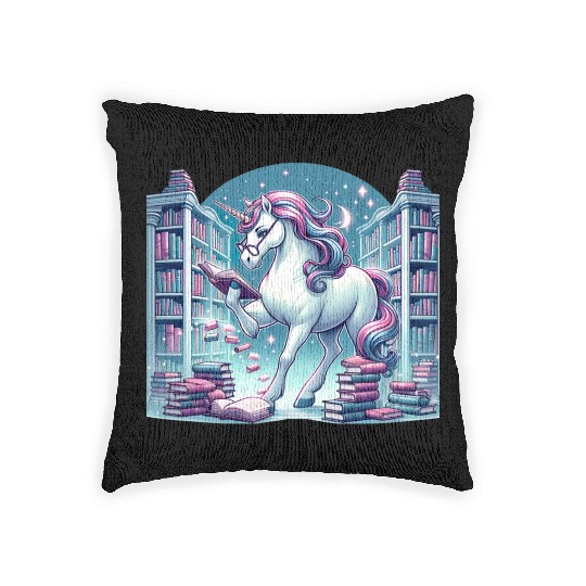 Unicorn Librarian in Enchanted Library Woven Pillows