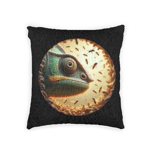 Chameleon head surrounded by bees Woven Pillows