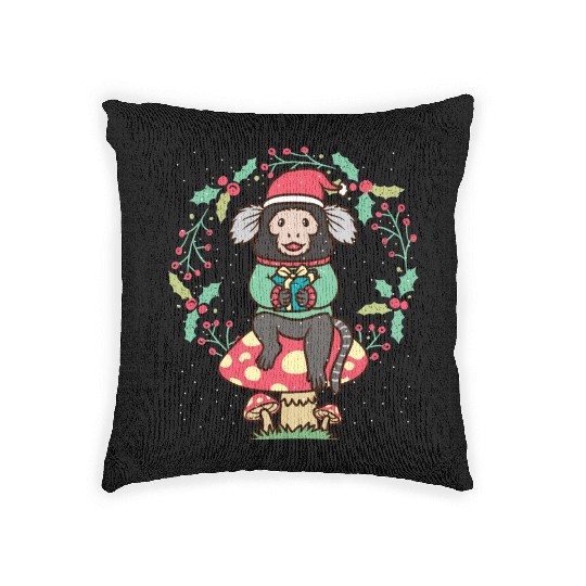 Marmoset Monkey On Mushroom Christmas Wreath Woven Pillows