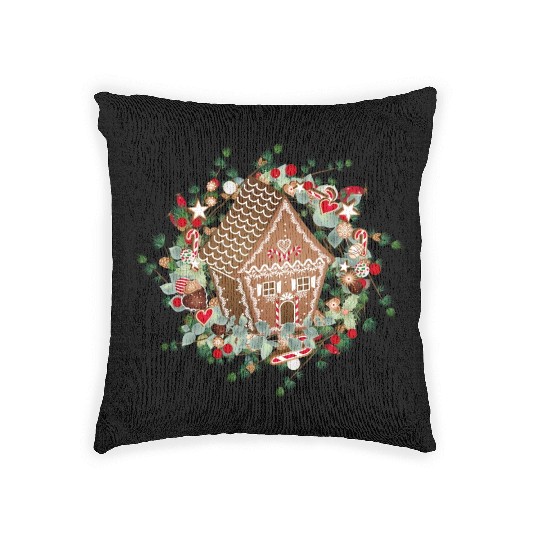 Gingerbread house in a larch wreath for Christmas Woven Pillows