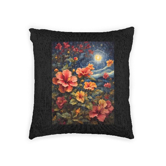 Colorful Hibiscus Under Starry Night Sky Woven Pillows