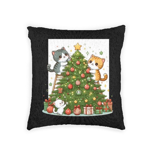 Kittens decorate a Christmas tree Woven Pillows