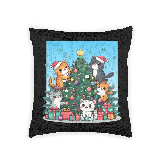 Kittens decorate a Christmas tree Woven Pillows