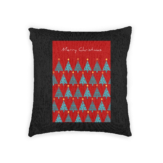 Merry Christmas Teal Christmas Trees on Red Woven Pillows