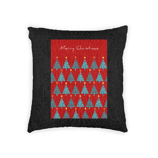 Merry Christmas Teal Christmas Trees on Red Woven Pillows