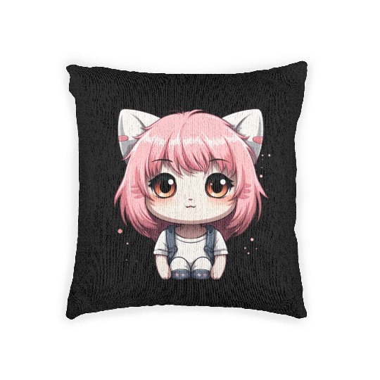 kawaii cat face with cat head Woven Pillows