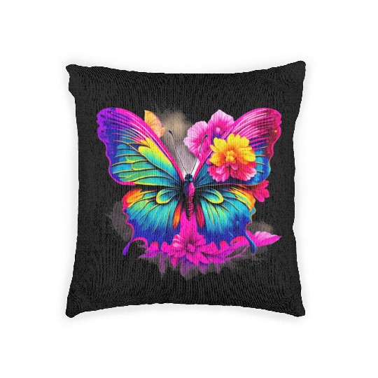 Colorful Butterfly in Flight with Vibrant Wings Woven Pillows