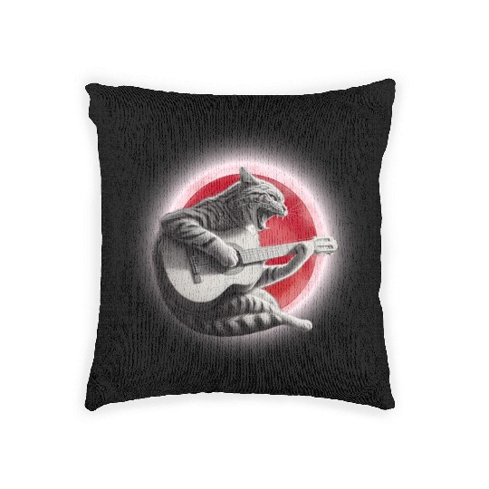Rock Cat Playing Guitar Woven Pillows under the red moon