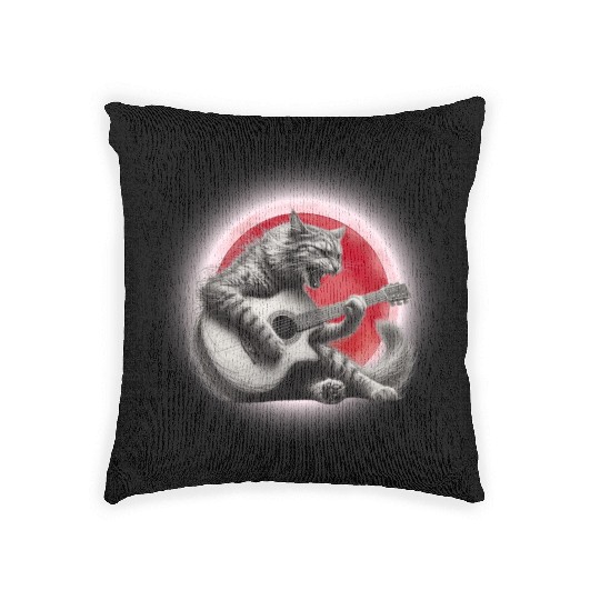 Rock Cat Playing Guitar Woven Pillows under the red moon