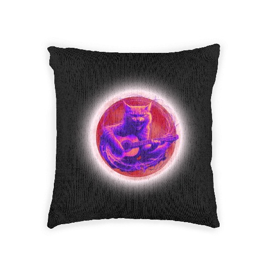 Rock Cat Playing Guitar Woven Pillows under the red moon