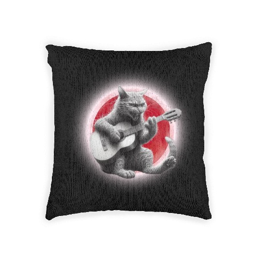 Rock Cat Playing Guitar Woven Pillows under the red moon